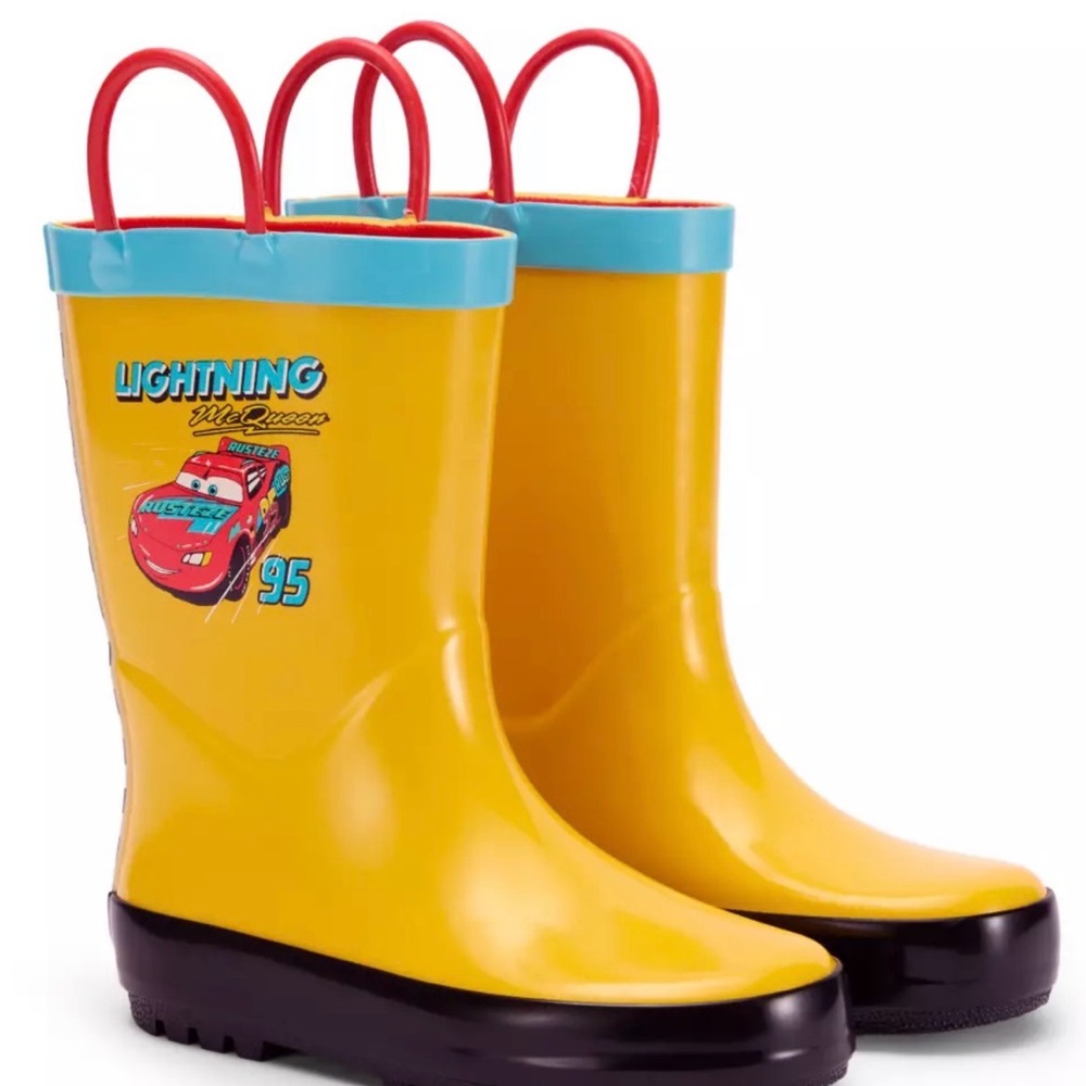 💯Official Disney Store Yellow Lightning McQueen Rain Boots with Blue Trim sz 12